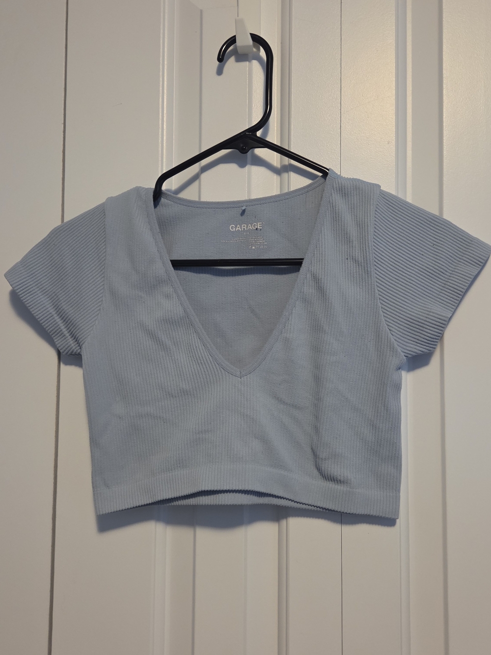 Garage Light Blue Ribbed V-Neck Crop Tee